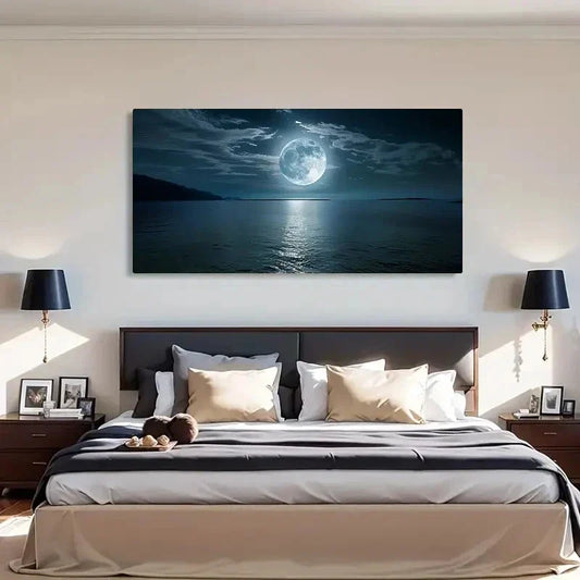 Bright Moon Over The Sea Wall Art Canvas Office Home Room Framed 120x60cm