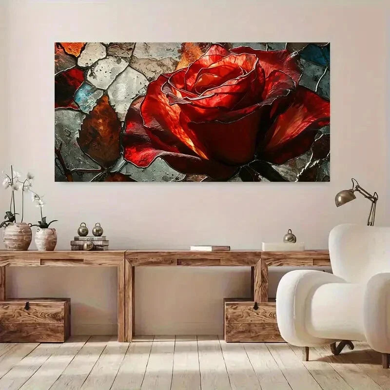 Red Rose & Mosaic Glass Wall Art Canvas Office Home Room Framed 120x60cm