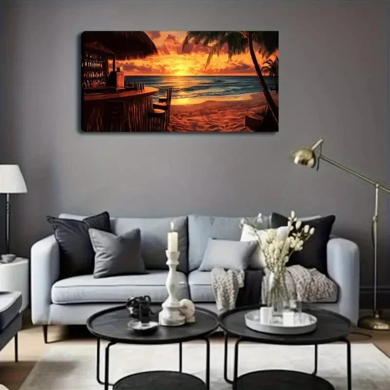 Vibrant Orange Sky and Ocean Wall Art Canvas Office Home Room Framed 120x60cm