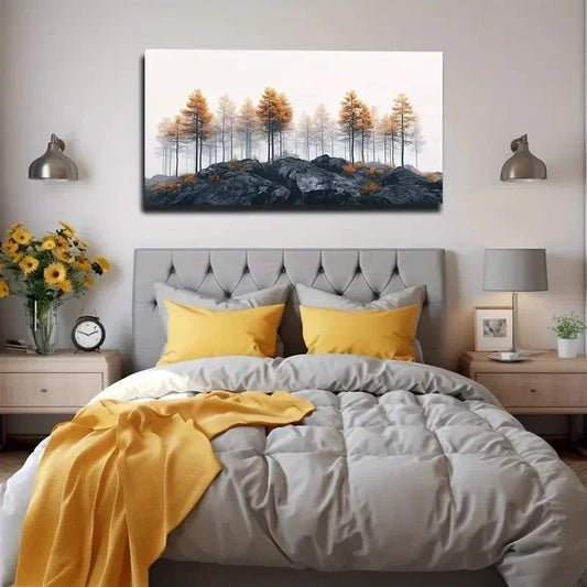 Golden Trees & Rocky Wall Art canvas office home room framed 80x45cm