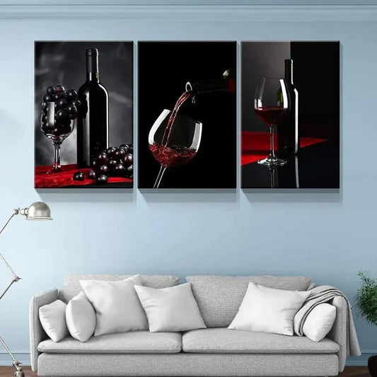 3pcs Red Wine & Glass Theme Metal Print Ready to Hang Art