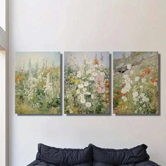3pcs Vintage spring wildflower field, Metal Print Ready to Hang Art
