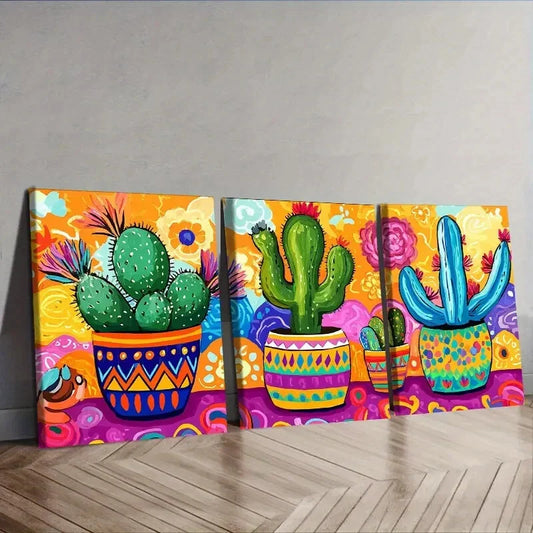 3pcs  Cactus in colorful flower POTS Wall Art Set Canvas Framed 40x60cm - High Quality Print 100% Australian Made Wall Canvas Ready to Hang
