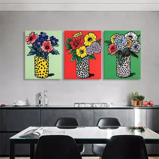 3pcs Colorful Floral Flower Vases Perfect Wall Art Set Canvas Framed 40x60cm - High Quality Print 100% Australian Made Wall Canvas Ready to Hang