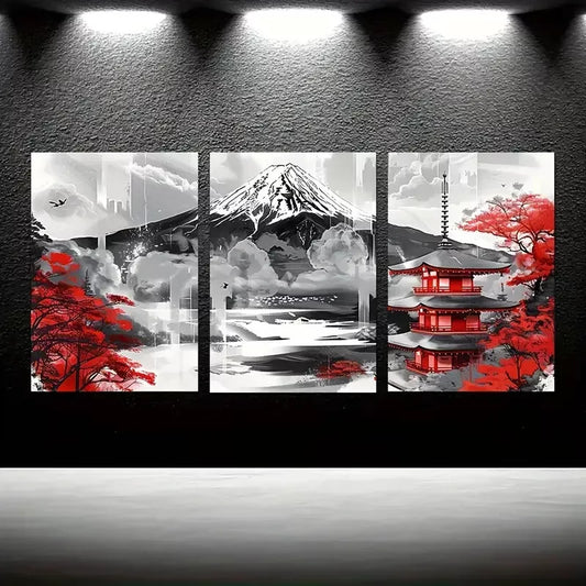 3pcs Mount Fuji and Red Temple Japanese Canvas Framed 40x60cm - High Quality Print 100% Australian Made Wall Canvas Ready to Hang