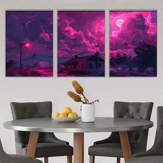 3pcs Pink and Purple Stormy Sky Triptych Metal Print Ready to Hang Art