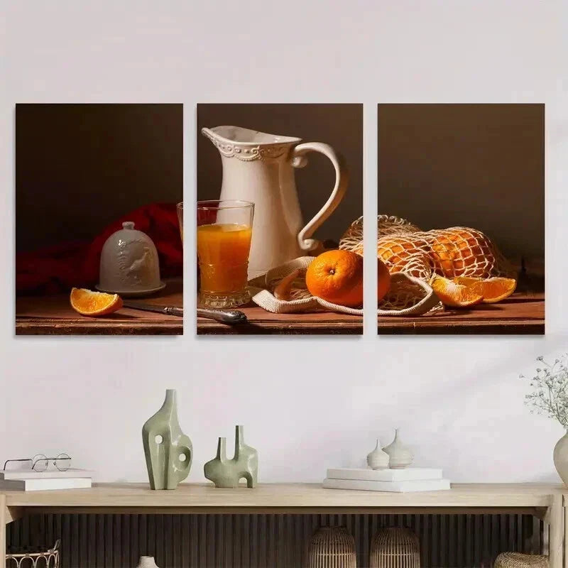 3pcs Oranges, Pitcher & Glass Classic Wall Art Set Canvas Framed 40x60cm - High Quality Print 100% Australian Made Wall Canvas Ready to Hang