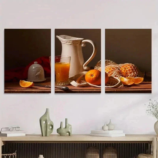 3pcs Oranges, Pitcher & Glass Classic Wall Art Set Canvas Framed 40x60cm - High Quality Print 100% Australian Made Wall Canvas Ready to Hang
