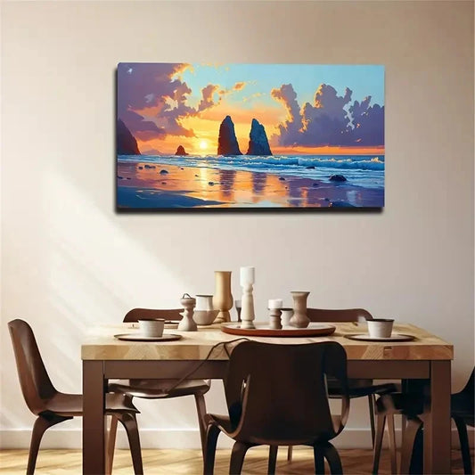 Stunning Sunset Beach Waves Wall Art Canvas Office Home Room Framed 80x45cm