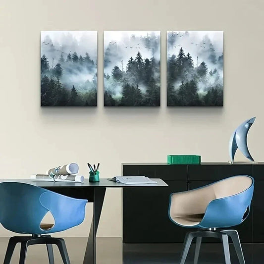 3pcs Landscape Foggy Forest Trees Metal Print Ready to Hang Art