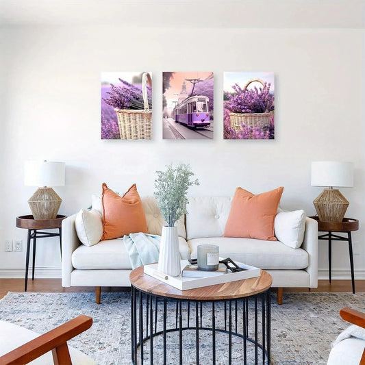 3pcs Purple Lavender Flower & Train Vibrant Metal Print Ready to Hang Art