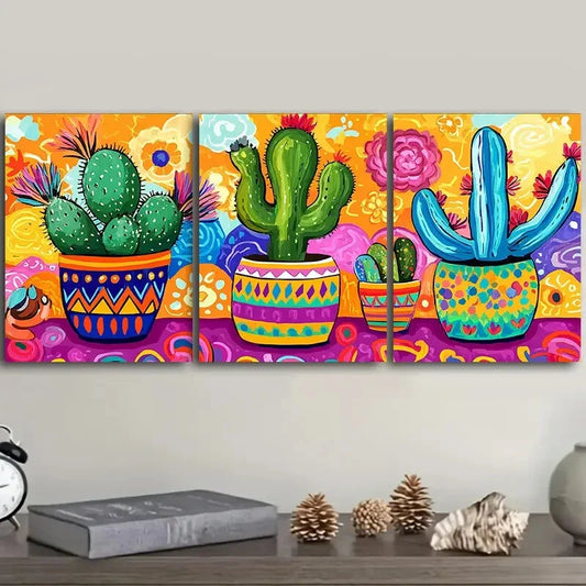 3pcs  Cactus in colorful flower POTS  Metal Print Ready to Hang Art