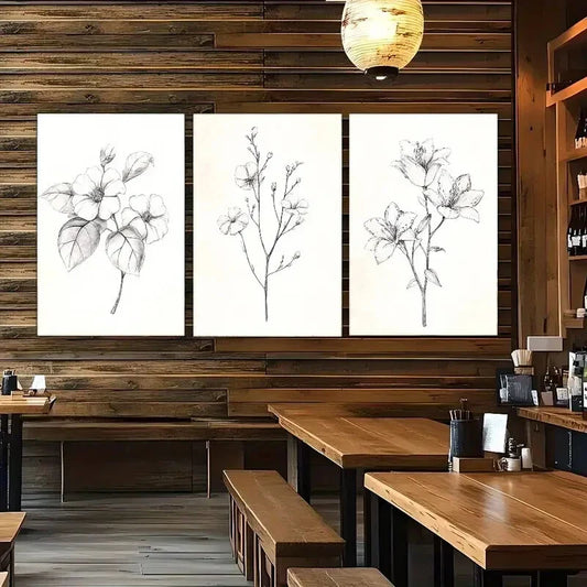 3pcs Elegant Black & White Botanical Prints Metal Print Ready to Hang Art