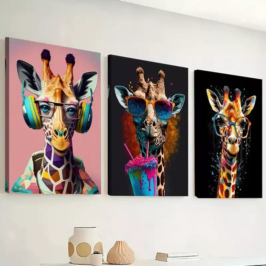3pcs stylish giraffe - animal paintings graffiti  Wall Art Set Canvas Framed 40x60cm - High Quality Print 100% Australian Made Wall Canvas Ready to Hang