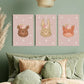 3pcs Pink Flowers, Rabbits, Foxes & Bears Metal Print Ready to Hang Art