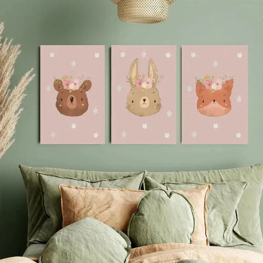 3pcs Pink Flowers, Rabbits, Foxes & Bears Metal Print Ready to Hang Art