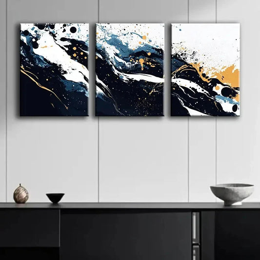 3pcs Luxurious Abstract Black with Gold Accent Metal Print Ready to Hang Art