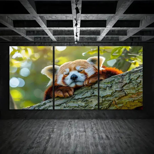 3pcs Red Panda Sleeping on Tree Branch Metal Print Ready to Hang Art