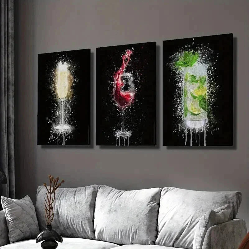3pcs Champagne Glass on Black Background Wall Art Set Canvas Framed 40x60cm - High Quality Print 100% Australian Made Wall Canvas Ready to Hang