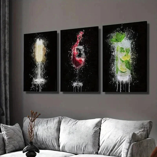 3pcs Champagne Glass on Black Background Wall Art Set Canvas Framed 40x60cm - High Quality Print 100% Australian Made Wall Canvas Ready to Hang
