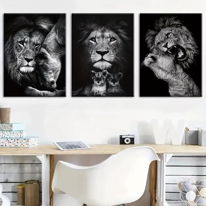 3pcs Lion House, animal Black and White print Wall Art Set Canvas Framed 40x60cm - High Quality Print 100% Australian Made Wall Canvas Ready to Hang