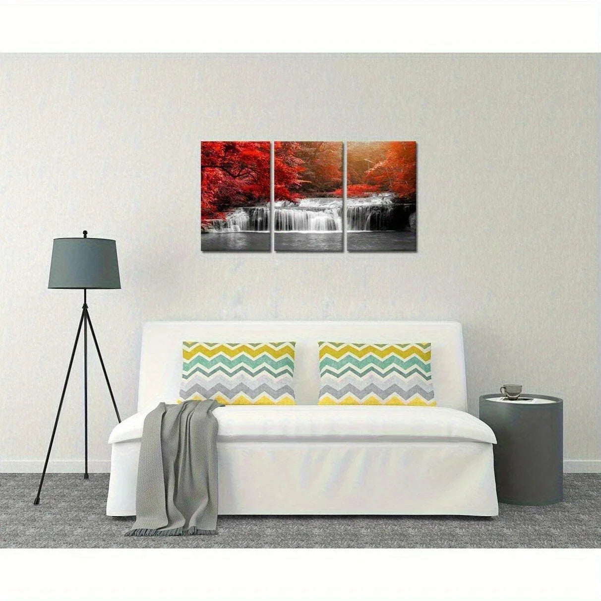 3pcs Vibrant Red Forest Waterfall Metal Print Ready to Hang Art