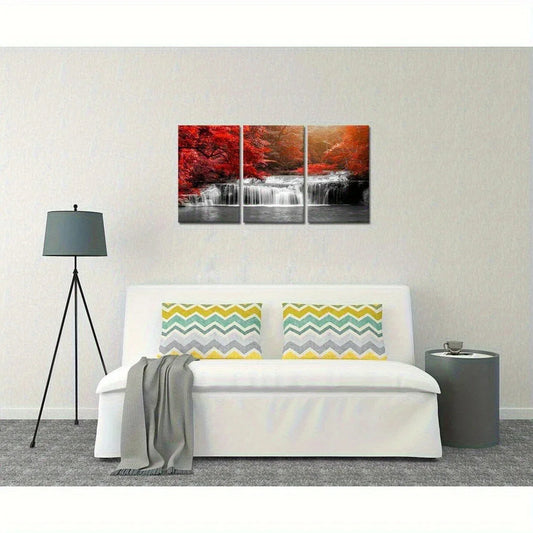 3pcs Vibrant Red Forest Waterfall Metal Print Ready to Hang Art