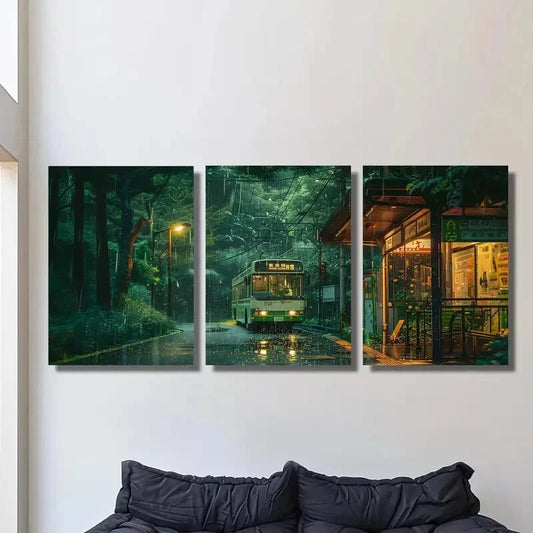 3pcs Mountain bus in the rain, cartoon Metal Print Ready to Hang Art