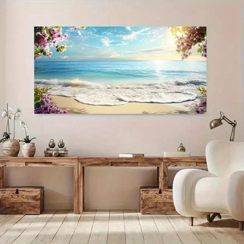 Coastal Sunset Floral Sea wall canvas office home room framed 120x60cm