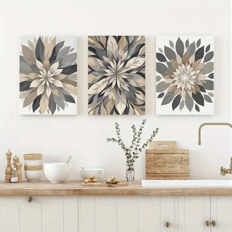 3pcs Beige Gray Flowers Metal Print Ready to Hang Art
