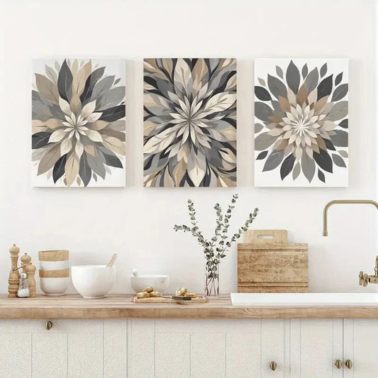 3pcs Beige Gray Flowers Metal Print Ready to Hang Art