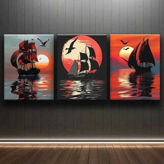 3pcs Sailboat Sunset Nautical Themed Metal Print Ready to Hang Art