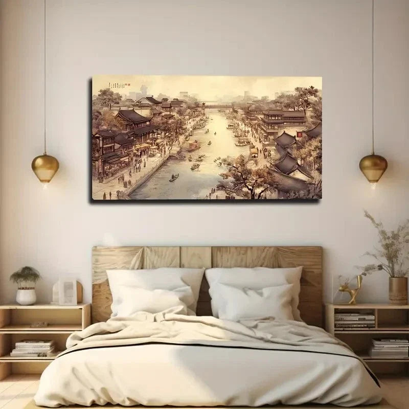 Chinese Cityscape Wall Art Canvas Office Home Room Framed 80x45cm