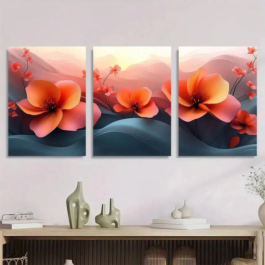 3pcs Pinky Orange Flowers Abstract Backg Metal Print Ready to Hang Art