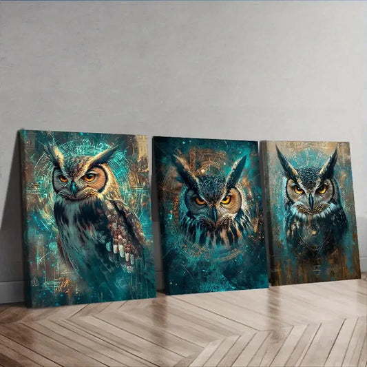 3pcs A mysterious owl Wall Art Set Canvas Framed 40x60cm - High Quality Print 100% Australian Made Wall Canvas Ready to Hang