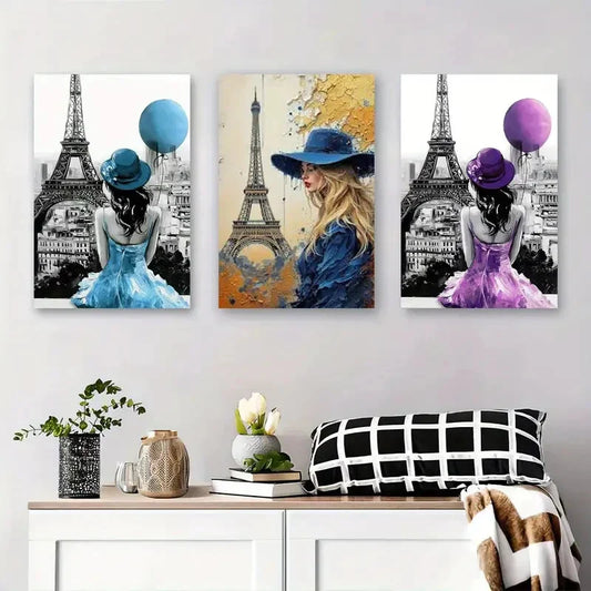 3pcs Paris Eiffel Tower Lady with Balloon Metal Print Ready to Hang Art