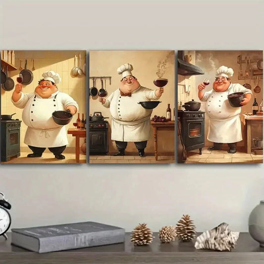 3pcs Set Art Deco Chef Modern Style, Metal Print Ready to Hang Art