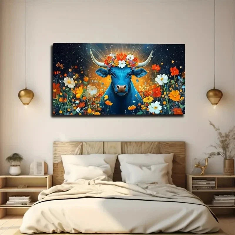 Blue Bull In Flower Field Wall Art Canvas Office Home Room Framed 120x60cm