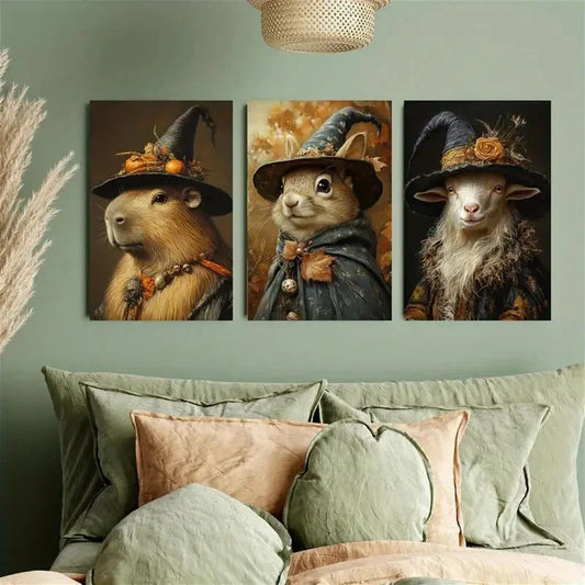 3pcs Capybaras, Squirrels, Goats in Witch Hats Metal Print Ready to Hang Art
