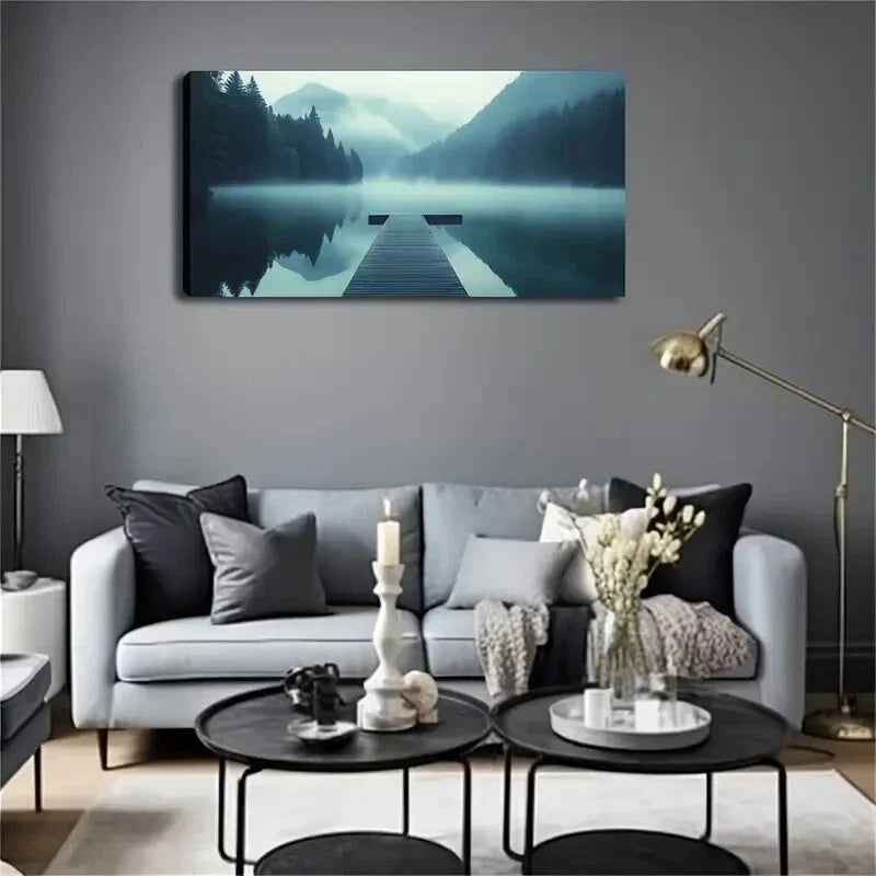 Serene Lake Landscape Bridge Wall Art Canvas Office Home Room Framed 120x60cm