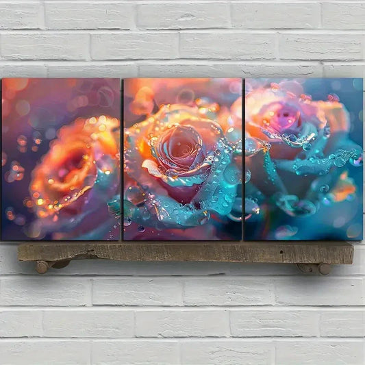 3pcs Pink Rose Floral Blue & Pink Metal Print Ready to Hang Art