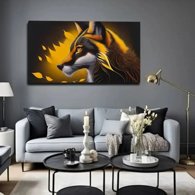 Golden & Black Fox Design Wall Art Canvas Office Home Room Framed 80x45cm