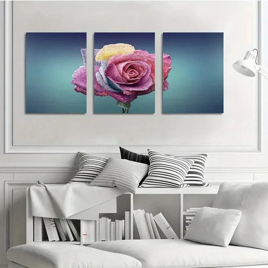 3pcs Colored Roses Beautiful Elegant Metal Print Ready to Hang Art