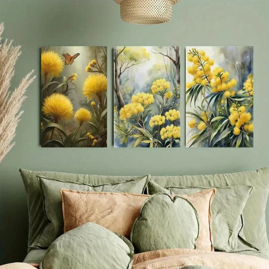 3pcs Butterflies on Yellow Flowers Design Metal Print Ready to Hang Art