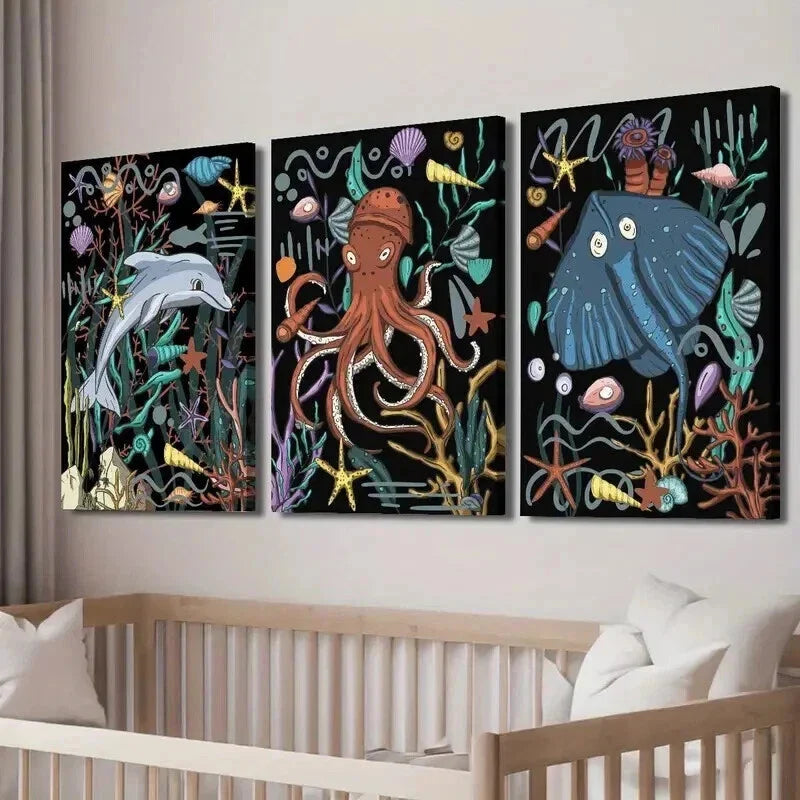 3pcs Dolphin Octopus Stingray Underwater Wall Art Set Canvas Framed 40x60cm - High Quality Print 100% Australian Made Wall Canvas Ready to Hang