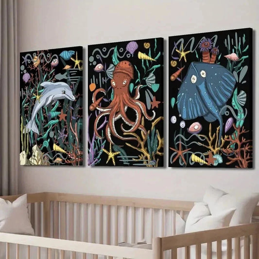 3pcs Dolphin Octopus Stingray Underwater Wall Art Set Canvas Framed 40x60cm - High Quality Print 100% Australian Made Wall Canvas Ready to Hang