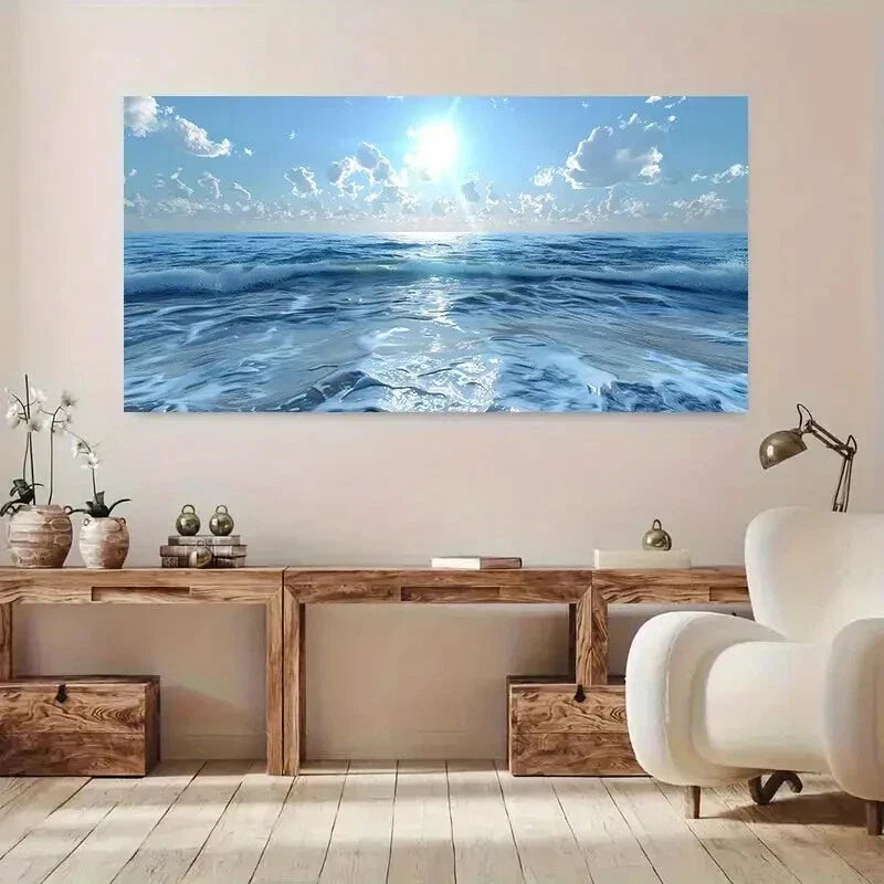Serene Beach Blue Ocean Wall Art wall canvas office home room framed 120x60cm