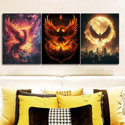 3pcs Fire Phoenix Theme Luxurious Cloth Metal Print Ready to Hang Art