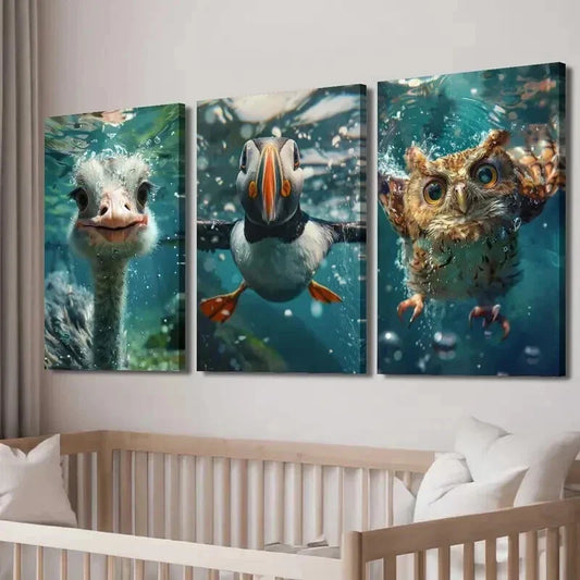 3pcs Ostrich Atlantic Puffin & Owl Underwater Wall Art Set Canvas Framed 40x60cm - High Quality Print 100% Australian Made Wall Canvas Ready to Hang
