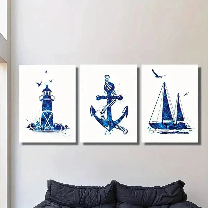 3pcs Navy blue watercolor print, lighthouse sail  Metal Print Ready to Hang Art